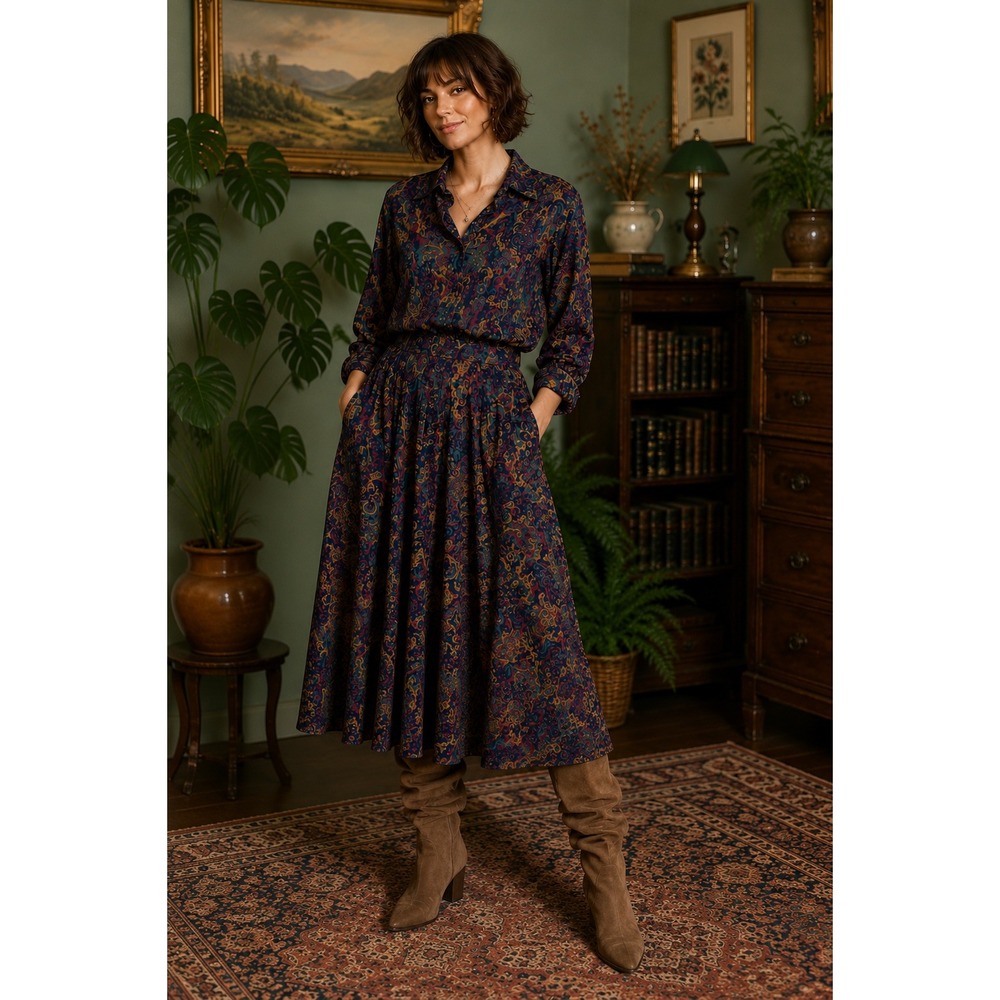 Vintage Mark Shale 2 Piece Paisley Blouse A-Line Maxi Skirt Set Size 12 USA